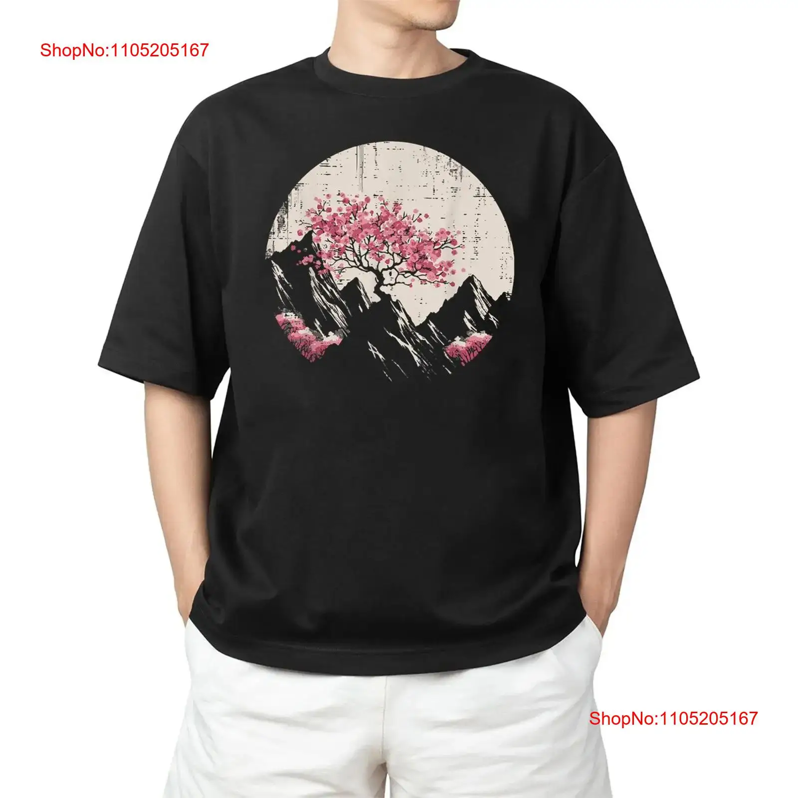Vintage Fashion Art - Blossoms Mountains 사쿠라 아트 티셔츠 빈티지