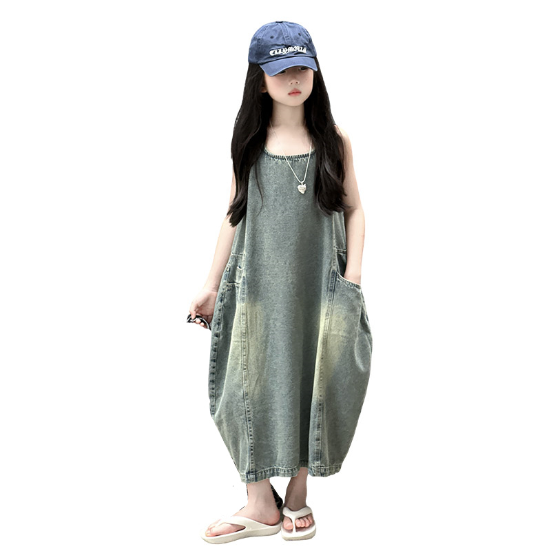 Vintage Fashion Luxury - 빈티지 블루 어린이 소녀 고품질 민소매