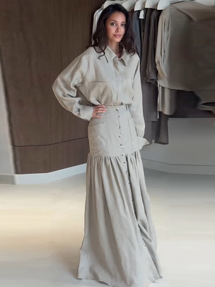 빈티지 솔리드 셔츠 스커트 여성 세트 라펠 버튼 긴소매 - Vintage Fashion Outfits Men 리뷰 및 가격