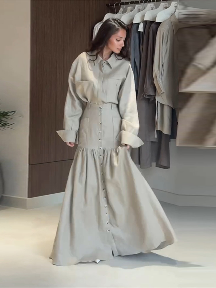 빈티지 솔리드 셔츠 스커트 여성 세트 라펠 버튼 긴소매 - Vintage Fashion Outfits Men 리뷰 및 가격